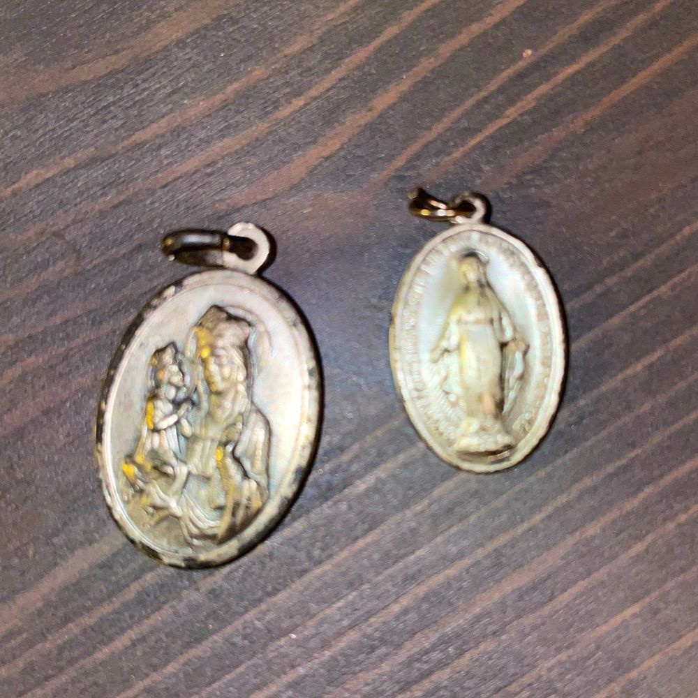 2 vintage catholic medals charms St. Anne de Beaupré Sterling Virgin Mary Oval